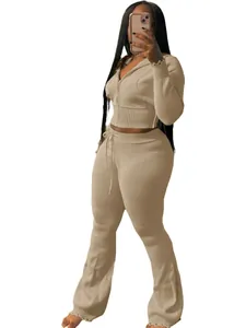 Women's 2-piece knitted sports set with hooded zip jacket and flare pants in beige