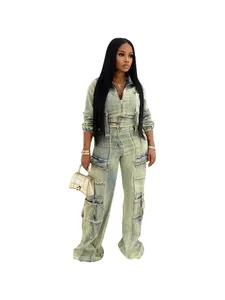 Women's stylish washed denim 2-piece set with multi-pocket high stretch cargo pants