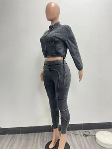 Women's washed distressed two-piece tracksuit set with cropped jacket and leggings