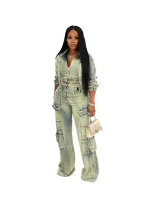 Women's stylish washed denim two-piece set with multi-pocket cargo pants and jacket