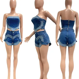 Three-view display of sexy heart-shaped patchwork denim strapless top and shorts set