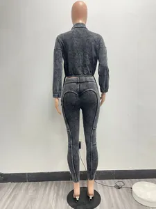 Back view of women's grey acid wash distressed patchwork two-piece casual tracksuit set