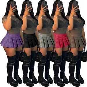 Sexy pleated faux leather mini skirts in purple black gray red and brown colors