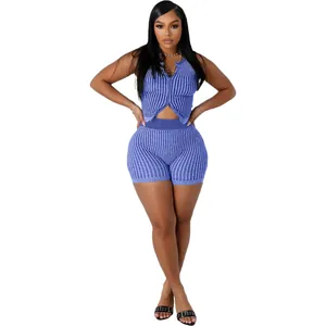 Stylish blue ribbed knit two-piece set with two-way zipper top and shorts