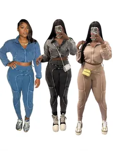 Women Acid Wash Distressed Patchwork Jacket And Pants Top And Bottom NY8185 Ribbed High Waist Streetwear Vintage Casual Outfits