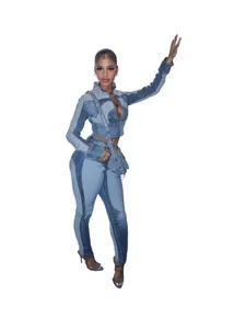 Sexy high stretch patchwork denim two-piece set featuring slim jacket and skinny pants.