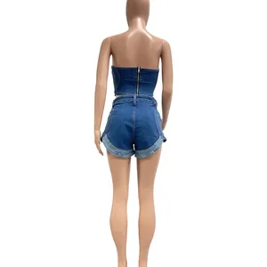 Back view of sexy two-piece denim set with strapless zip top and shorts