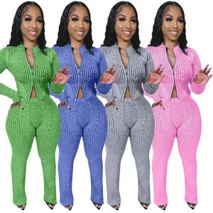 Women's ribbed knit two-piece set with two-way zip top in multiple colors