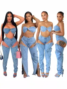 Set da Donna Sexy in Stile Denim Lavato in Poliestere Top And Bottom Vita Alta Pantaloni Cargo con Intagli e Cerniera Top a Tubo Streetwear Casual