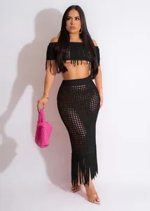 Sexy black crochet knit two-piece set featuring hollow out design and long fringe details