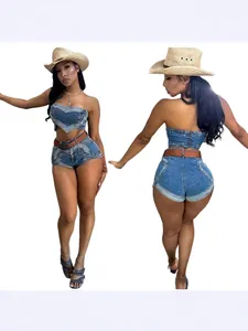 Sexy blue heart-shaped washed denim two-piece set with high stretch and brown belt