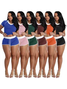Women's V-Neck Short Sleeve Top And Shorts Set Casual Sporty Contrast Piping Yoga Outfit High Elastic Polyester Lounge Suit