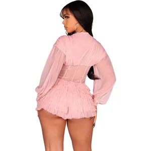 Detailansicht rosa Mesh-Playsuit mit Volants und Laternenärmeln Rückenansicht