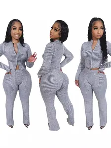 Women's autumn grey ribbed knit two-piece set with two-way zipper top and pants