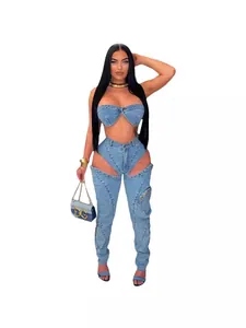 Set sexy da 2 pezzi in denim elasticizzato lavato con top a fascia e pantaloni