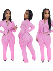 Fashionable pink ribbed knit two-piece set with two-way zipper top and slim pants