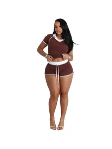 Women's casual two-piece sports set with a V-neck top and matching shorts in brown