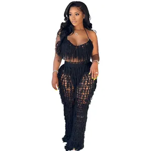 Ensemble de plage sexy deux pièces en tricot crochet noir avec franges pour femmes