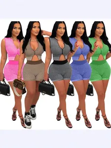 Women Sexy Ribbed Knit Top And Bottom Sleeveless Two-Way Zipper Crop Top High Waist Shorts Casual Summer Outfits