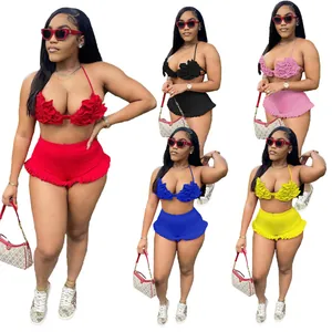 Women Sexy Halter Backless Ruffle Top And Bottom Set Fashion Urban Splicing Polyester Spandex Solid Color Shorts Set