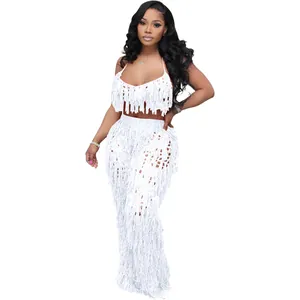 Ensemble de plage sexy blanc en maille ajourée avec franges pour femmes pour l'été