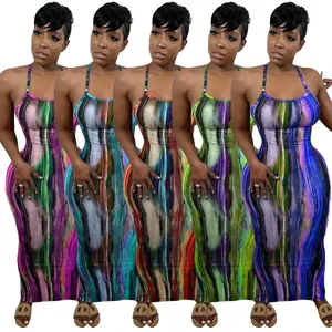Dames Sexy Tie Dye Print Maxi Jurk Halster Rugloos Gekruiste Bandjes Bodycon Lange Jurk Spaghetti Bandjes Zomer Strand Feest