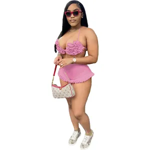 Sexy pink ruffled two-piece shorts set with halter neck and backless design for women