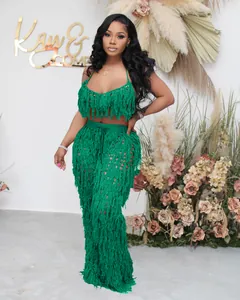 Ensemble de plage sexy en crochet vert avec franges, haut licou et pantalon long