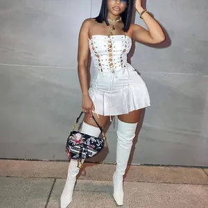 Detailed view of white sexy hollow eyelet sleeveless dress with corset lacing details