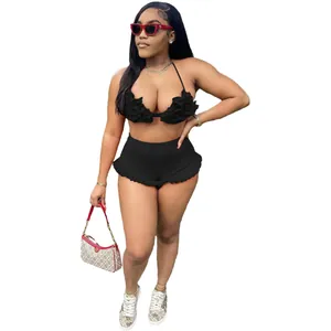 Sexy black halter neck backless ruffle top and high waisted shorts two piece set for women