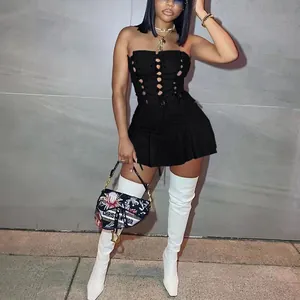 Fashionable black sleeveless hollowed-out eyelet lace-up mini dress for urban style