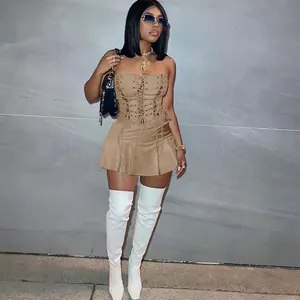 Fashionable khaki corset-style sleeveless mini dress with front lace-up eyelet details