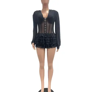 Eleganter schwarzer Mesh-Rüschen-Einteiler mit vorderem Hakenverschluss für Damen