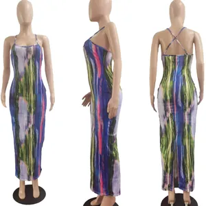 Sexy bodycon maxi-jurk met kleurrijk tie-dye motief en spaghettibandjes, 3 hoeken