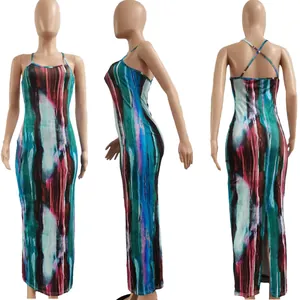 Gedetailleerd overzicht van kleurrijke tie-dye bodycon maxi-jurk vanuit meerdere hoeken