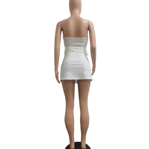 Detailed back view of a sexy white strapless bodycon mini dress shown on a mannequin