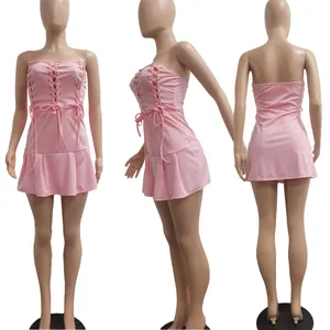 Detailed front, side, and back views of a pink lace-up tube mini dress on a mannequin