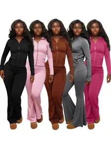 Damen Sportbekleidung Top Und Hose Set Einfarbig Polyester Langarm Reißverschluss Jacke Ausgestellte Hose Enganliegend Trainingsanzug