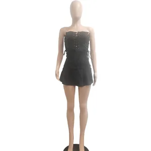 Sexy black sleeveless hollow eyelet lace-up two-piece dress set for women in urban style