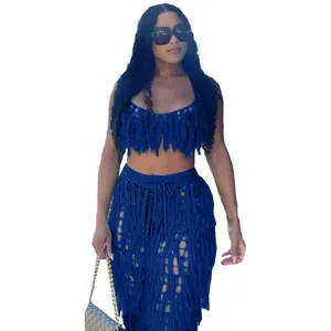 Ensemble de plage sexy bleu foncé fait main au crochet avec franges pour femme, 2 pièces