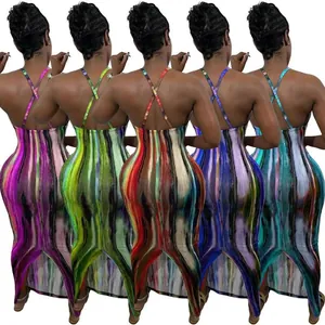 Sexy mouwloze maxi-jurk met tie-dye print en kruisbandjes voor dames mode outfit