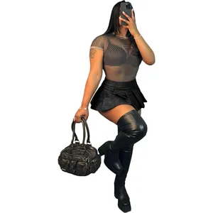 Sexy black faux leather pleated mini skirt for women featuring high waist and edgy style