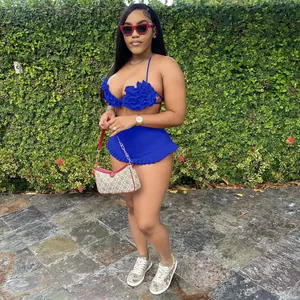 Sexy blue halter neck top and ruffled high waist shorts two-piece set outfit