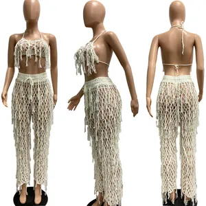 Aperçu en trois vues de l'ensemble de plage sexy blanc au crochet avec franges