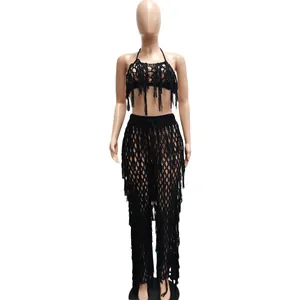 Ensemble sexy deux pièces en tricot crochet noir ajouré avec longues franges pour la plage