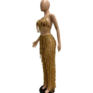 Ensemble de plage sexy deux pièces en tricot crocheté jaune moutarde avec de longs franges