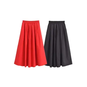 Jupes midi plissées à taille haute de style trapèze en rouge vif et gris foncé classique