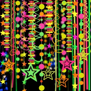 Detailed view of vibrant neon fluorescent star and spiral paper garlands for party decor