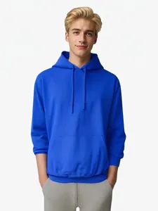 High-quality detailed view of a bright blue solid color fleece hoodie with kangaroo pocket