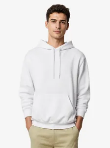 Detailed view of a white fleece hoodie featuring a spacious front kangaroo pocket